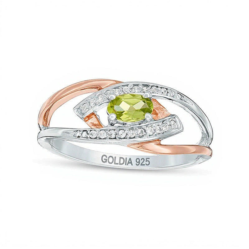 Oval Peridot and Diamond Accent Split Shank Ring in Sterling Silver and 10K Rose Gold