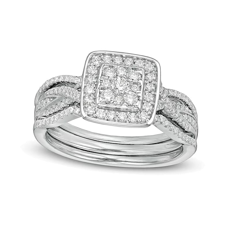 0.63 CT. TW Composite Diamond Square Frame Twist Shank Three Piece Bridal Set in Sterling Silver