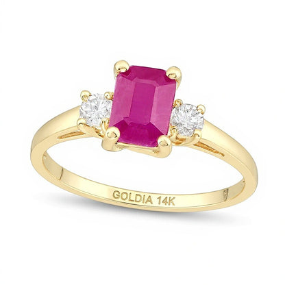 Emerald-Cut Ruby and 0.2 CT. TW Diamond Three Stone Ring in 14K Gold
