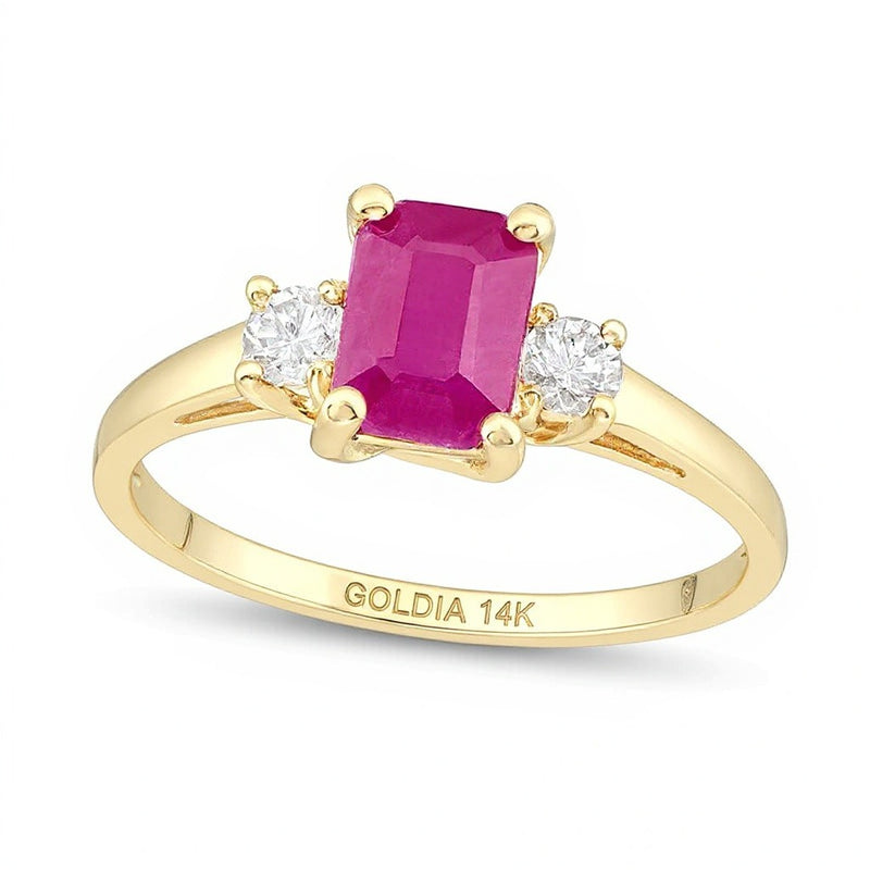 Emerald-Cut Ruby and 0.2 CT. TW Diamond Three Stone Ring in 14K Gold