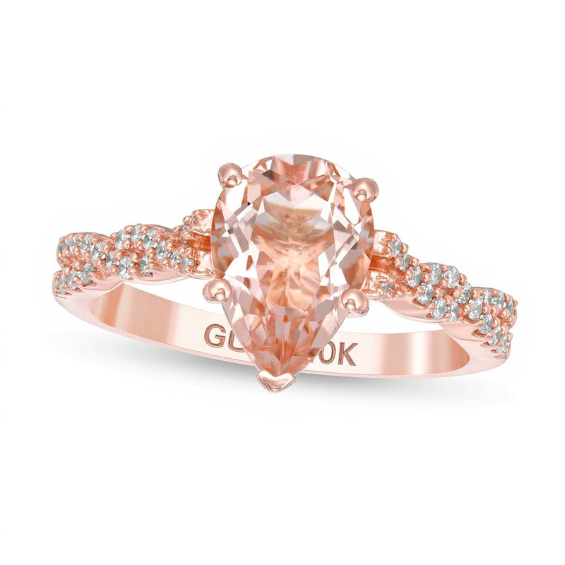 Pear-Shaped Morganite and 0.2 CT. TW Diamond Twist Shank Engagement Ring in 10K Rose Gold