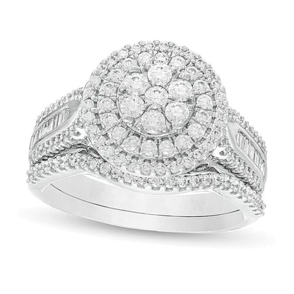 1.0 CT. TW Baguette and Round Composite Diamond Frame Multi-Row Bridal Set in 10K White Gold