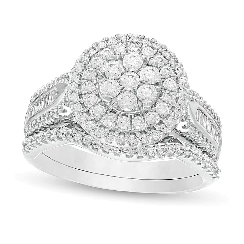 1.0 CT. TW Baguette and Round Composite Diamond Frame Multi-Row Bridal Set in 10K White Gold