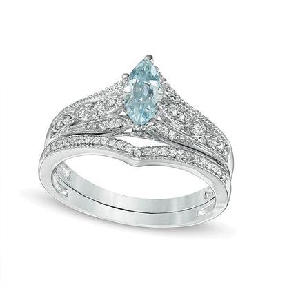 Marquise Aquamarine and 0.2 CT. TW Diamond Vintage-Style Bridal Set in 10K White Gold