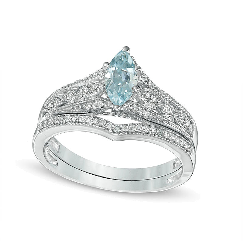 Marquise Aquamarine and 0.2 CT. TW Diamond Vintage-Style Bridal Set in 10K White Gold