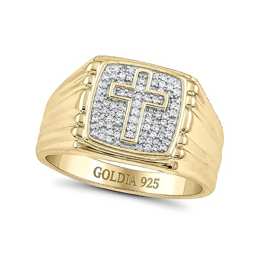 0.17 CT. TW Composite Diamond Square Cross Ribbed Shank Ring in Sterling Silver with 14K Gold Plate