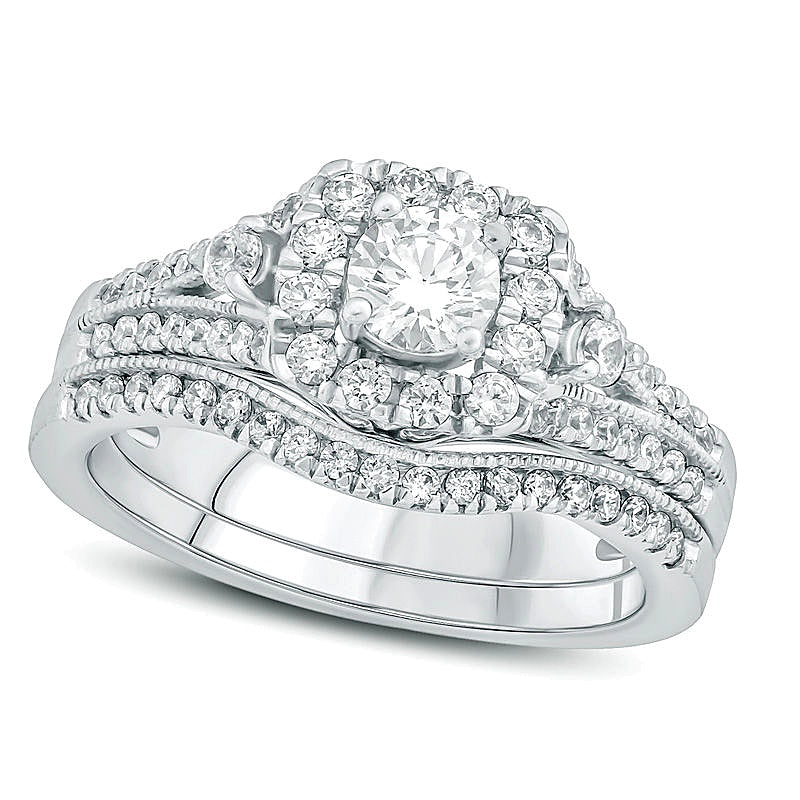 1.0 CT. TW Diamond Cushion Frame Vintage-Style Bridal Set in 10K White Gold