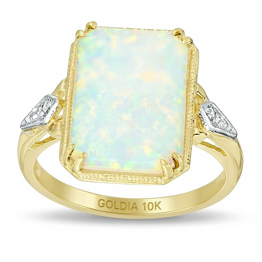 Rectangular Lab-Created Opal and Diamond Accent Ring in 10K Gold