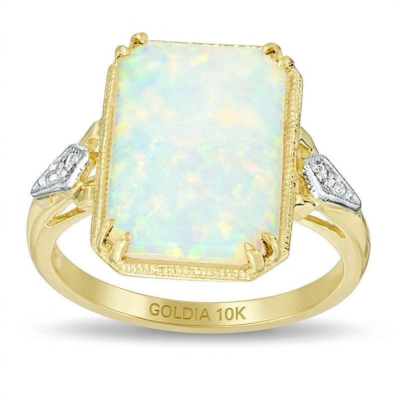 Rectangular Lab-Created Opal and Diamond Accent Ring in 10K Gold