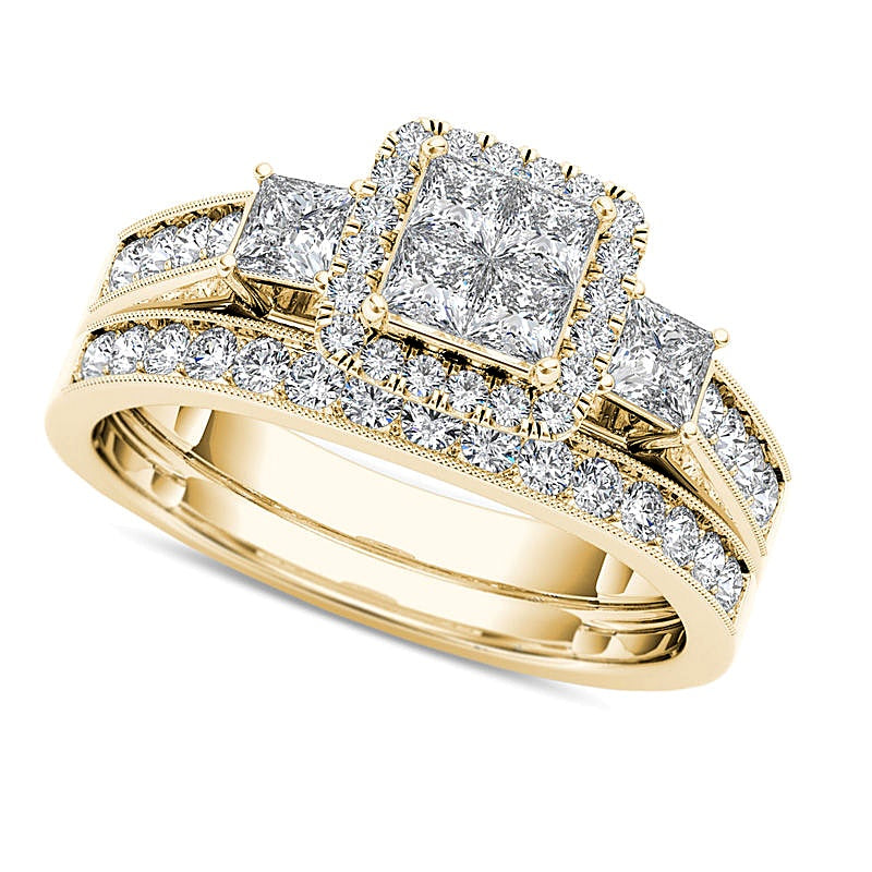 1.0 CT. TW Quad Princess-Cut Diamond Three Stone Frame Vintage-Style Bridal Set in 14K Gold