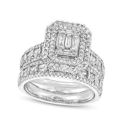 1.5 CT. TW Emerald-Shaped Baguette and Round Multi-Diamond Double Frame Bridal Set in 14K White Gold