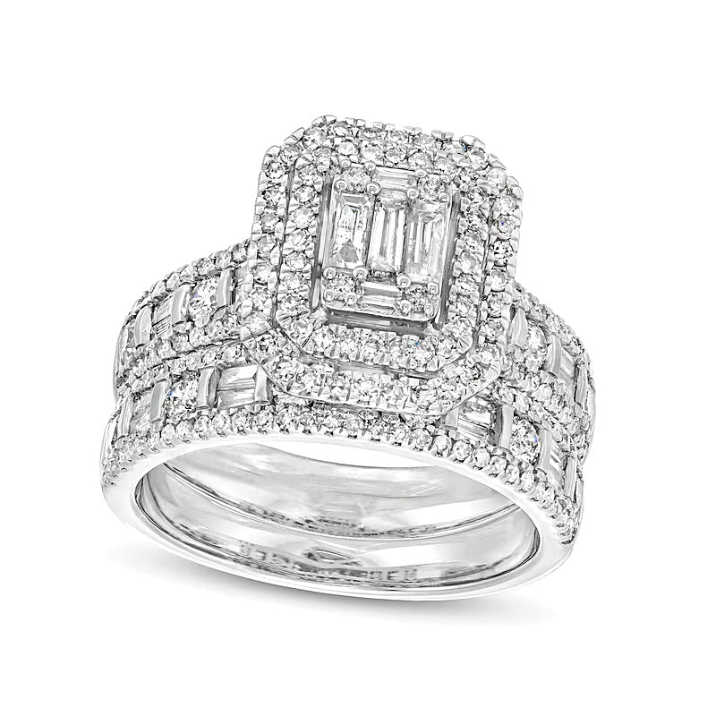 1.5 CT. TW Emerald-Shaped Baguette and Round Multi-Diamond Double Frame Bridal Set in 14K White Gold