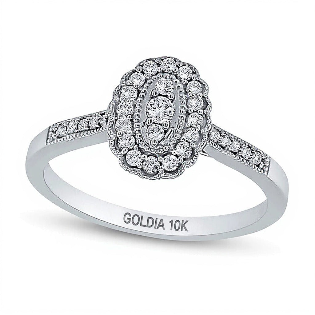 0.2 CT. TW Oval Multi-Diamond Scallop Frame Vintage-Style Ring in 10K White Gold
