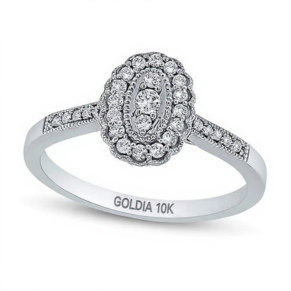 0.2 CT. TW Oval Multi-Diamond Scallop Frame Vintage-Style Ring in 10K White Gold