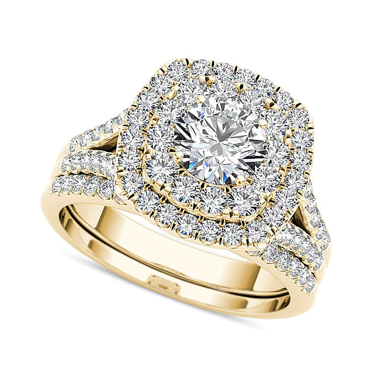 2.0 CT. TW Diamond Double Cushion Frame Split Shank Bridal Set in 14K Gold