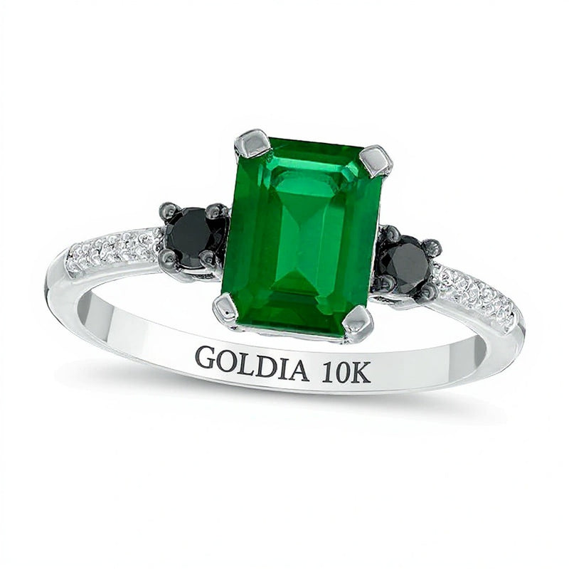 Emerald-Cut Lab-Created Emerald and 0.13 CT. TW Enhanced Black and White Diamond Ring in 10K White Gold