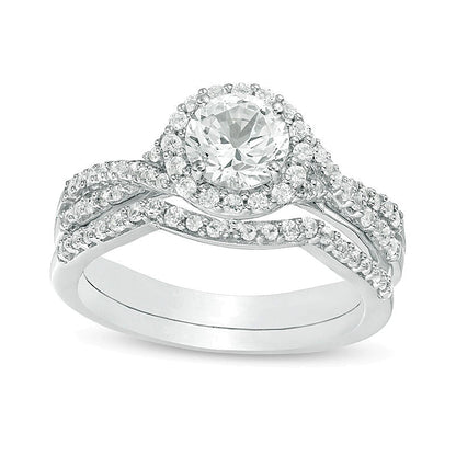 6.0mm Lab-Created White Sapphire Frame Criss-Cross Shank Bridal Set in Sterling Silver