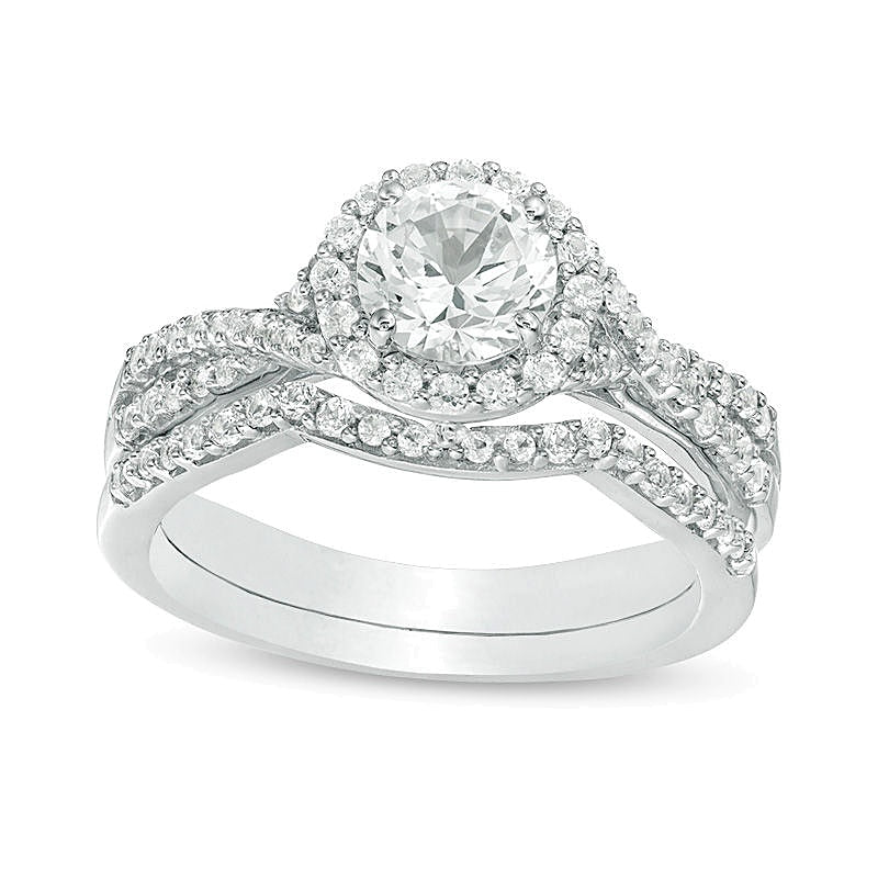 6.0mm Lab-Created White Sapphire Frame Criss-Cross Shank Bridal Set in Sterling Silver