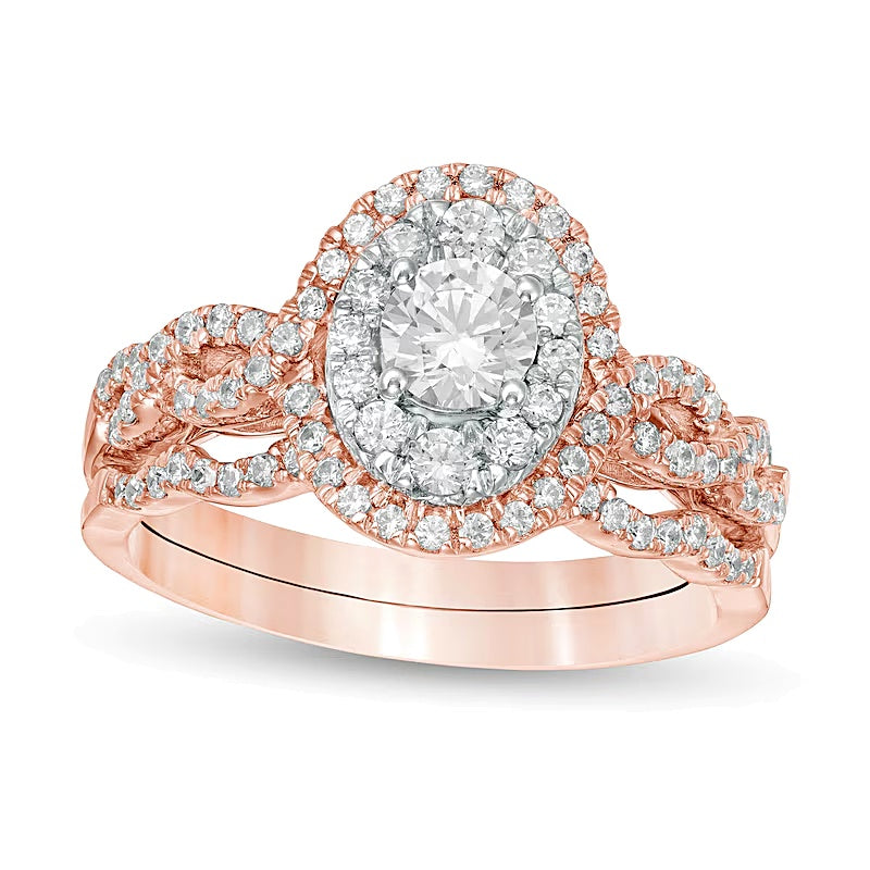 1.0 CT. TW Diamond Double Oval Frame Twist Shank Bridal Set in 10K Rose Gold