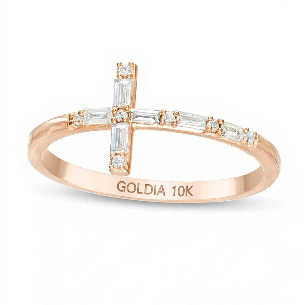 0.17 CT. TW Baguette and Round Diamond Sideways Cross Ring in 10K Rose Gold