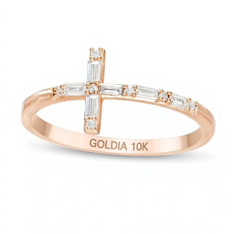 0.17 CT. TW Baguette and Round Diamond Sideways Cross Ring in 10K Rose Gold