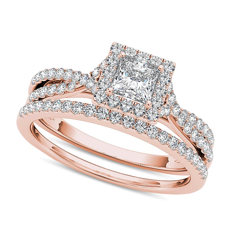1.0 CT. TW Princess-Cut Diamond Frame Twist Bridal Set in 14K Rose Gold