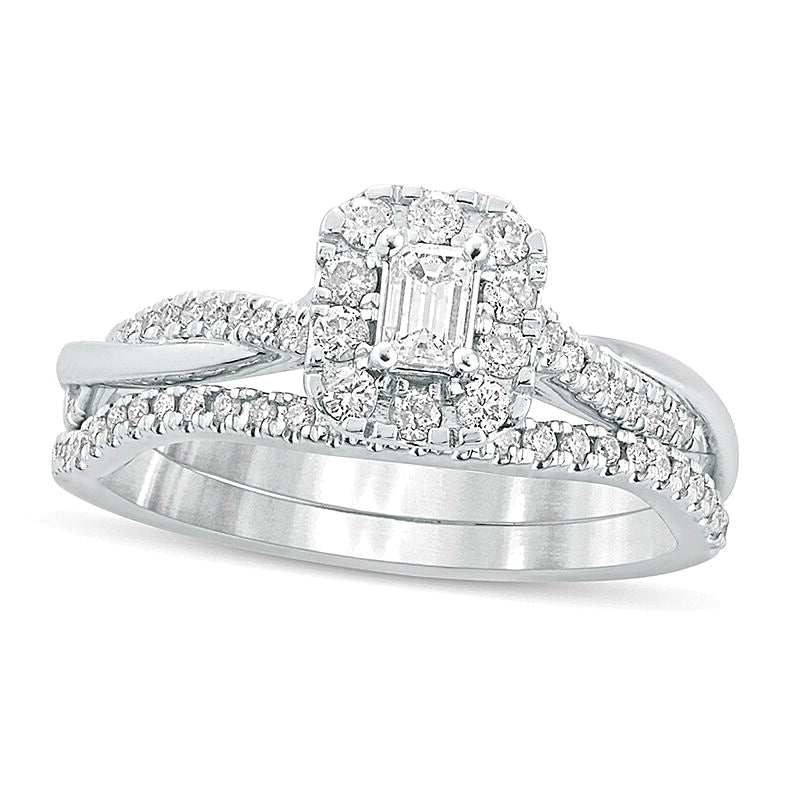 0.5 CT. TW Emerald-Cut Diamond Frame Twist Shank Bridal Set in 10K White Gold