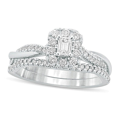 0.5 CT. TW Emerald-Cut Diamond Frame Twist Shank Bridal Set in 10K White Gold