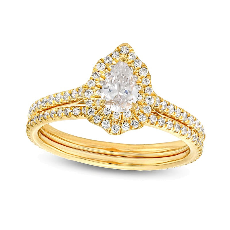 1.0 CT. TW Pear-Shaped Diamond Double Scallop Frame Bridal Set in 14K Gold