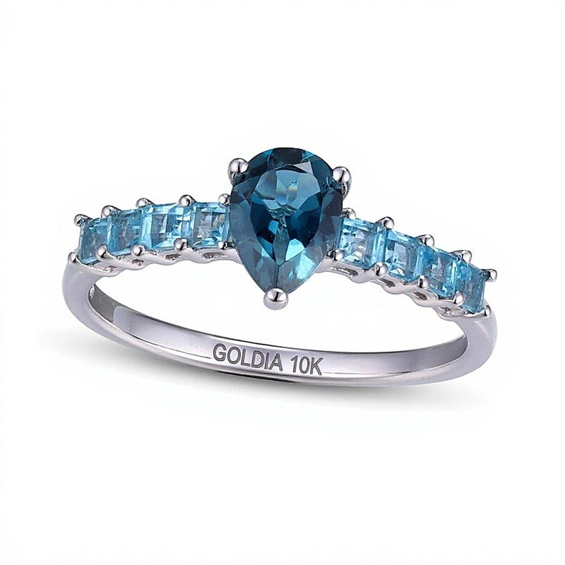 Pear-Shaped London Blue Topaz and Princess-Cut Swiss Blue Topaz Ring in 10K White Gold