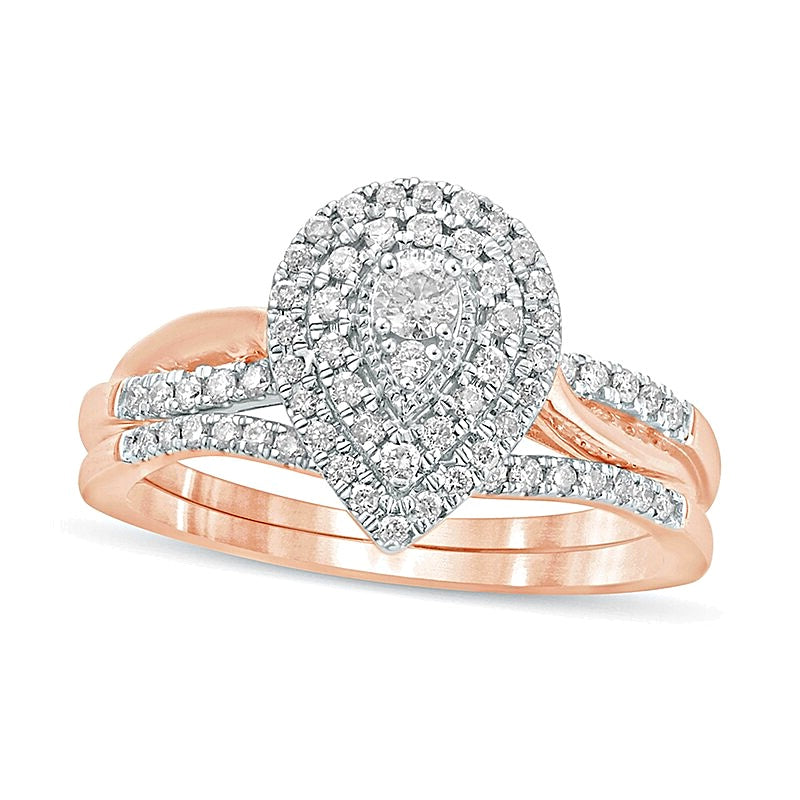0.38 CT. TW Composite Diamond Pear-Shaped Double Frame Twist Shank Bridal Set in 10K Rose Gold