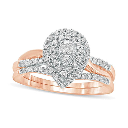 0.38 CT. TW Composite Diamond Pear-Shaped Double Frame Twist Shank Bridal Set in 10K Rose Gold