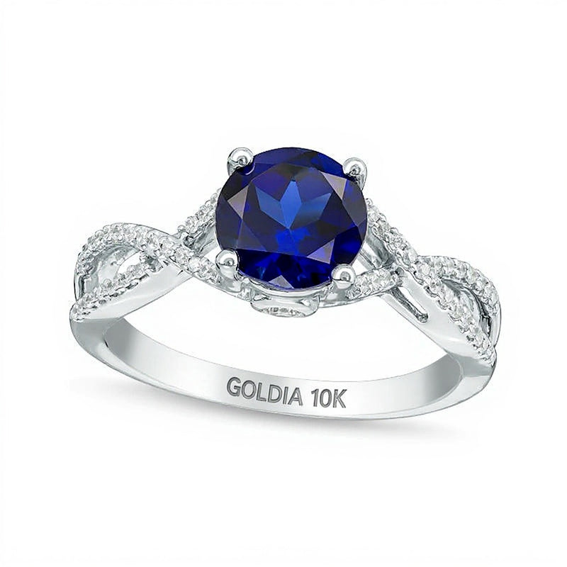 7.0mm Lab-Created Blue Sapphire and 0.17 CT. TW Diamond Twist Shank Engagement Ring in 10K White Gold