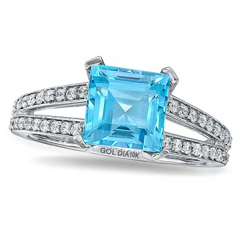 Princess-Cut Blue Topaz and 0.25 CT. TW Diamond Engagement Ring in 10K White Gold