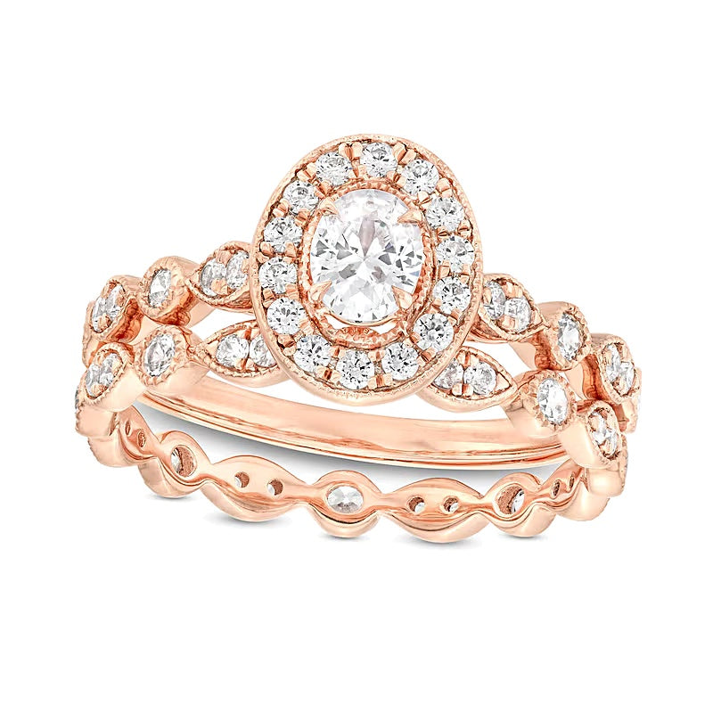 1.0 CT. TW Oval Diamond Frame Vintage-Style Art Deco Shank Bridal Set in 14K Rose Gold