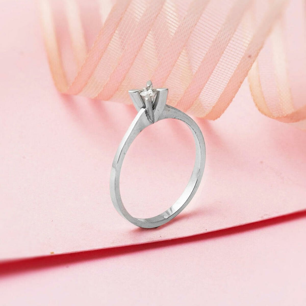 14K White Gold 0.12 Ct Almond Prong Solitaire Diamond Ring