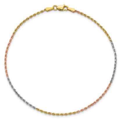 14k Tri-Color Tri-colored 7 inch 1.5mm Diamond-cut Rope with Lobster Clasp Chain