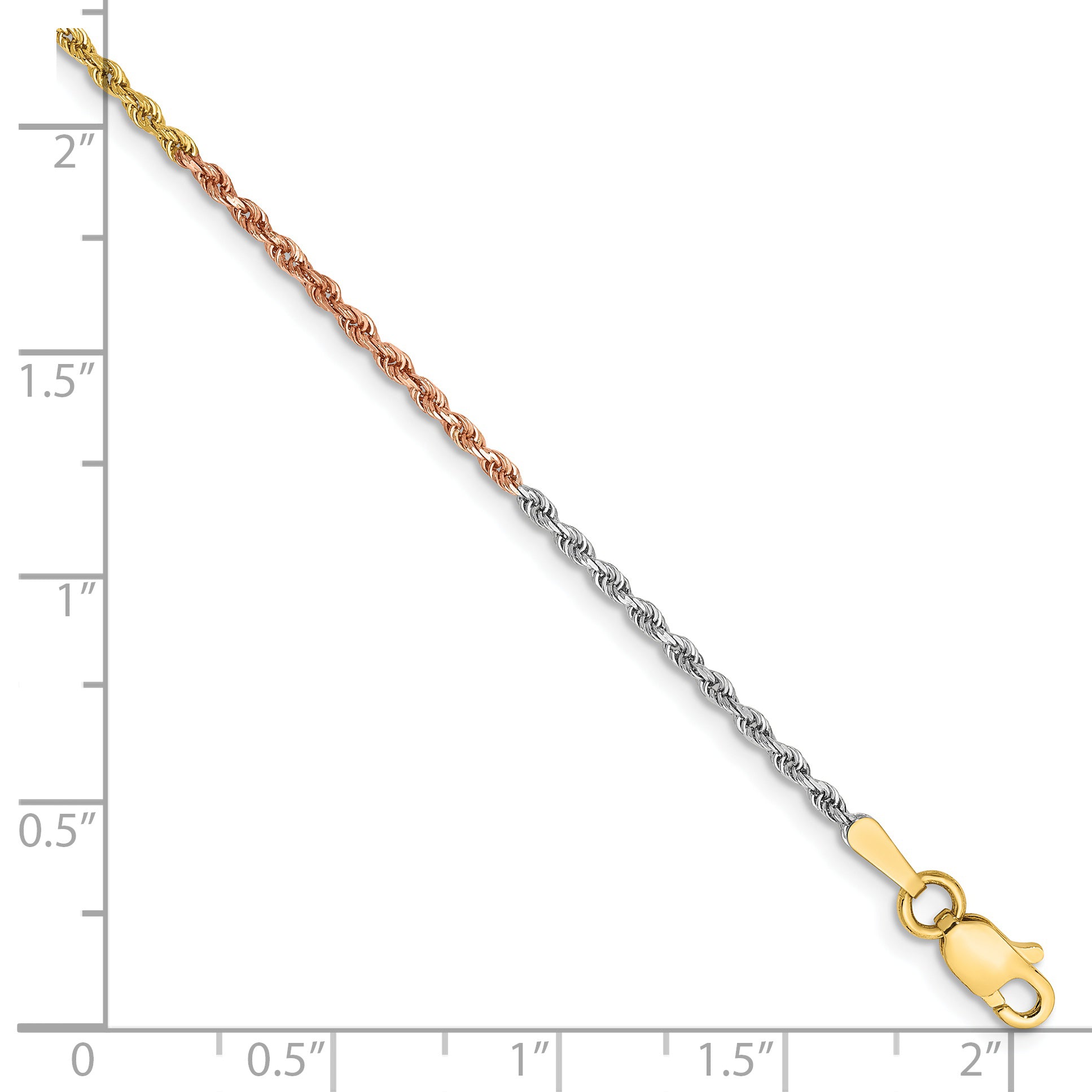 14k Tri-Color Tri-colored 7 inch 1.5mm Diamond-cut Rope with Lobster Clasp Chain