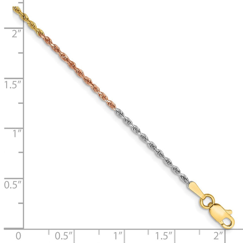 14k Tri-Color Tri-colored 1.5mm Diamond-cut Rope with Lobster Clasp Chain Anklet