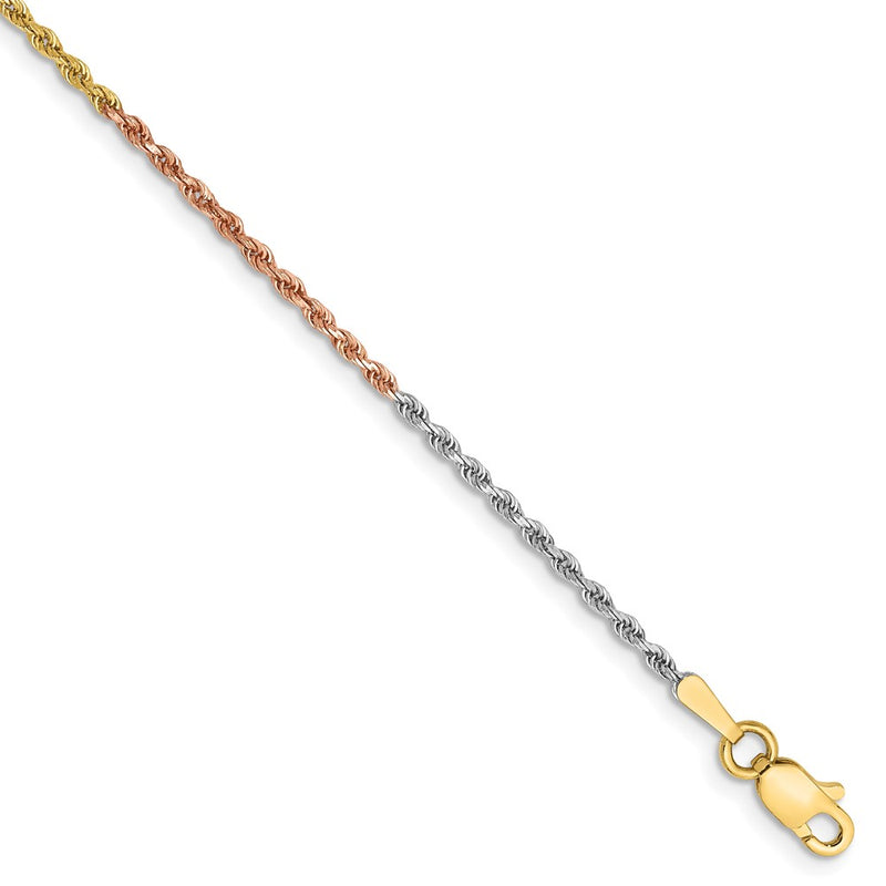 14k Tri-Color Tri-colored 1.5mm Diamond-cut Rope with Lobster Clasp Chain Anklet
