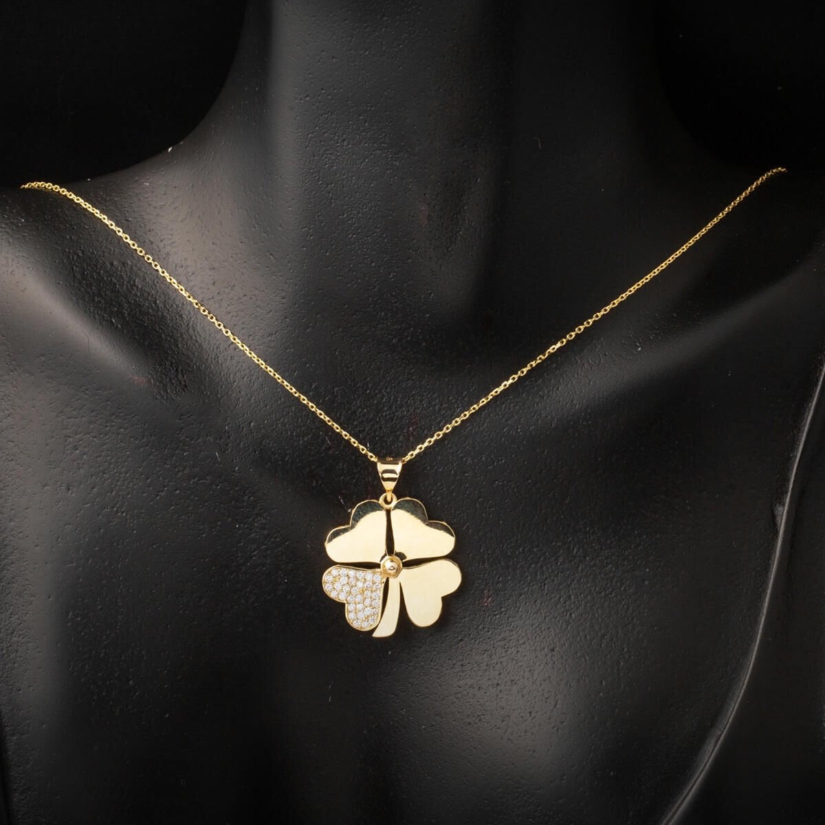 14K Yellow Gold Chain Clover Cubic Zirconia Necklace