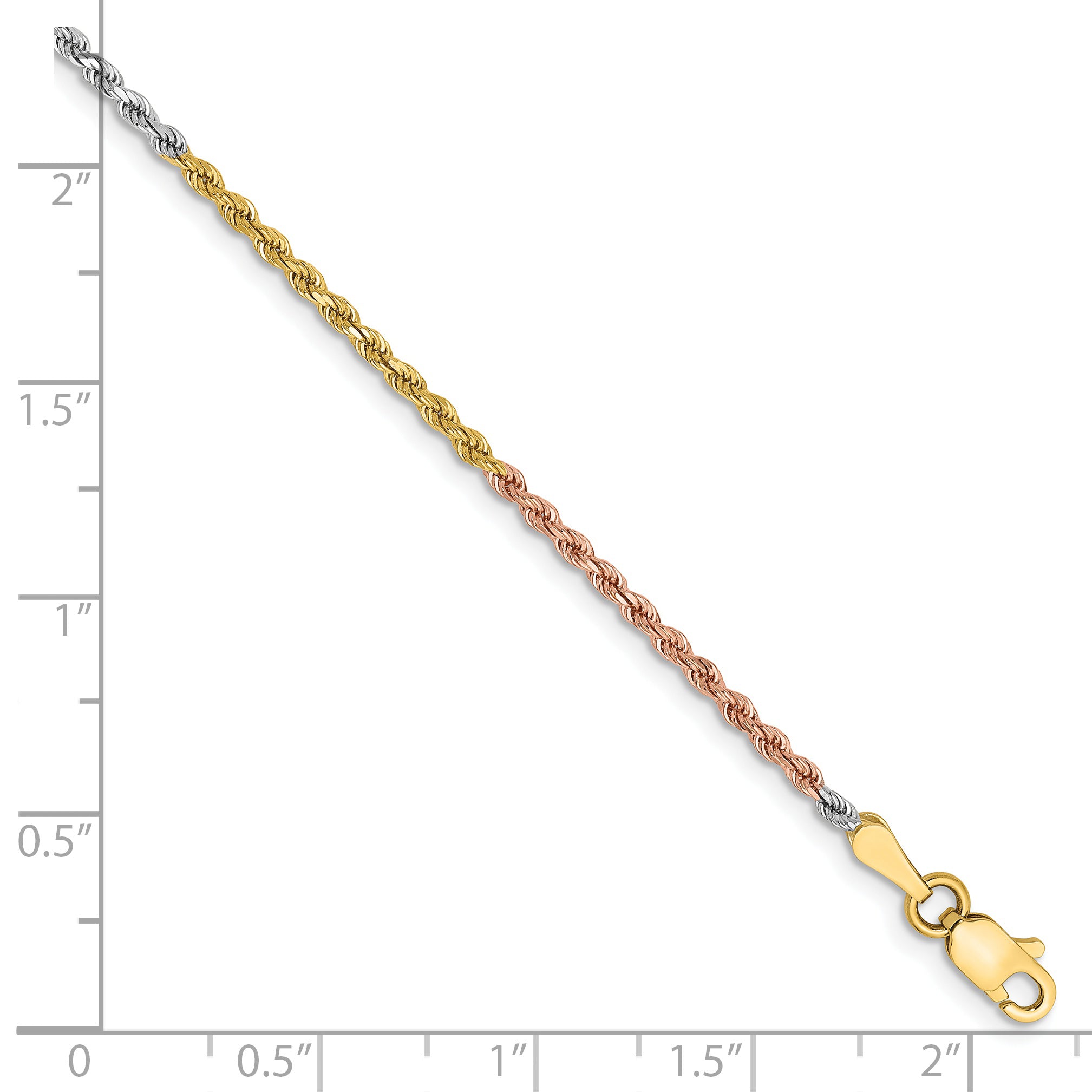 14k Tri-Color Tri-colored 7 inch 1.75mm Diamond-cut Rope with Lobster Clasp Chain