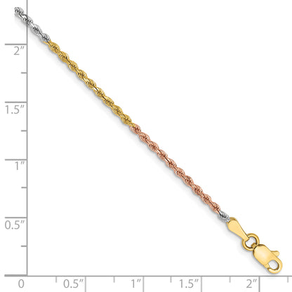 14k Tri-Color Tri-colored 7 inch 1.75mm Diamond-cut Rope with Lobster Clasp Chain