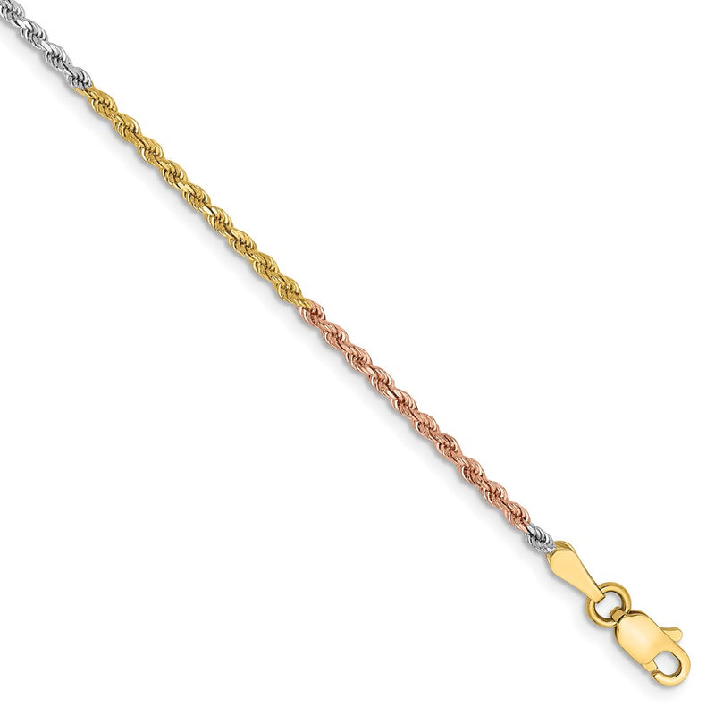 14k Tri-Color Tri-colored 1.75mm Diamond-cut Rope with Lobster Clasp Chain Anklet