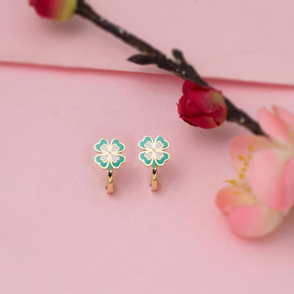14K Yellow Gold Water Green Clover Enamel Children's Earrings