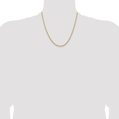2 Inch 14k Yellow Gold 2.3mm Lightweight D/C Rope with Lobster Clasp Chain Necklace