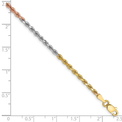 14k Tri-Color Tri-colored 7 inch 2.5mm Diamond-cut Rope with Lobster Clasp Chain