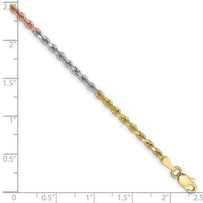 14k Tri-Color Tri-colored 7 inch 2.5mm Diamond-cut Rope with Lobster Clasp Chain Bracelet
