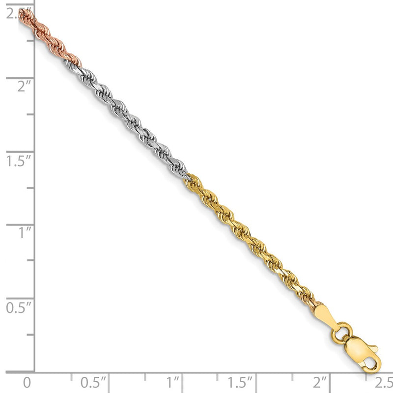 14k Tri-Color Tri-colored 2.5mm Diamond-cut Rope with Lobster Clasp Chain Bracelet