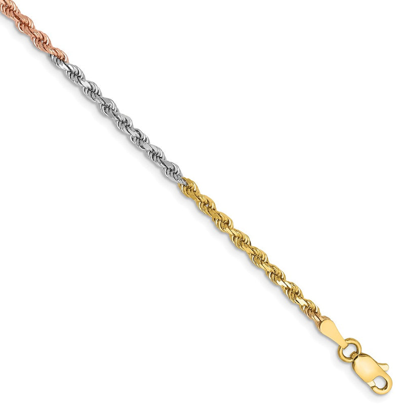 14k Tri-Color Tri-colored 2.5mm Diamond-cut Rope with Lobster Clasp Chain Bracelet